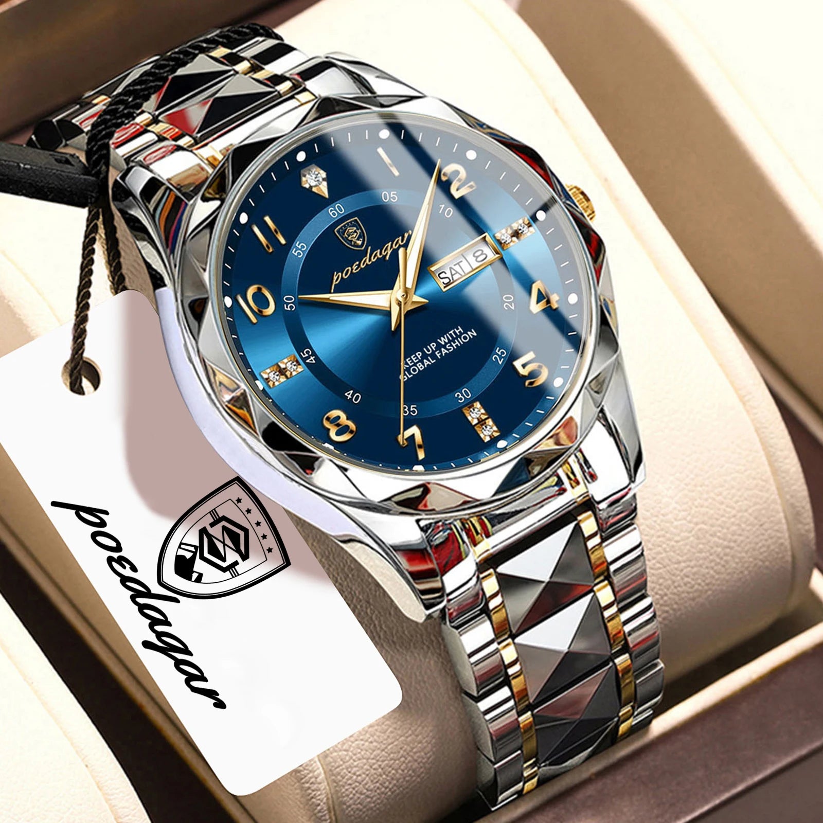 POEDAGAR Exquisite Luxury Men Quartz Wristwatch Stainless Steel Date Week Business Man Watch Waterproof Luminous Watches For Men