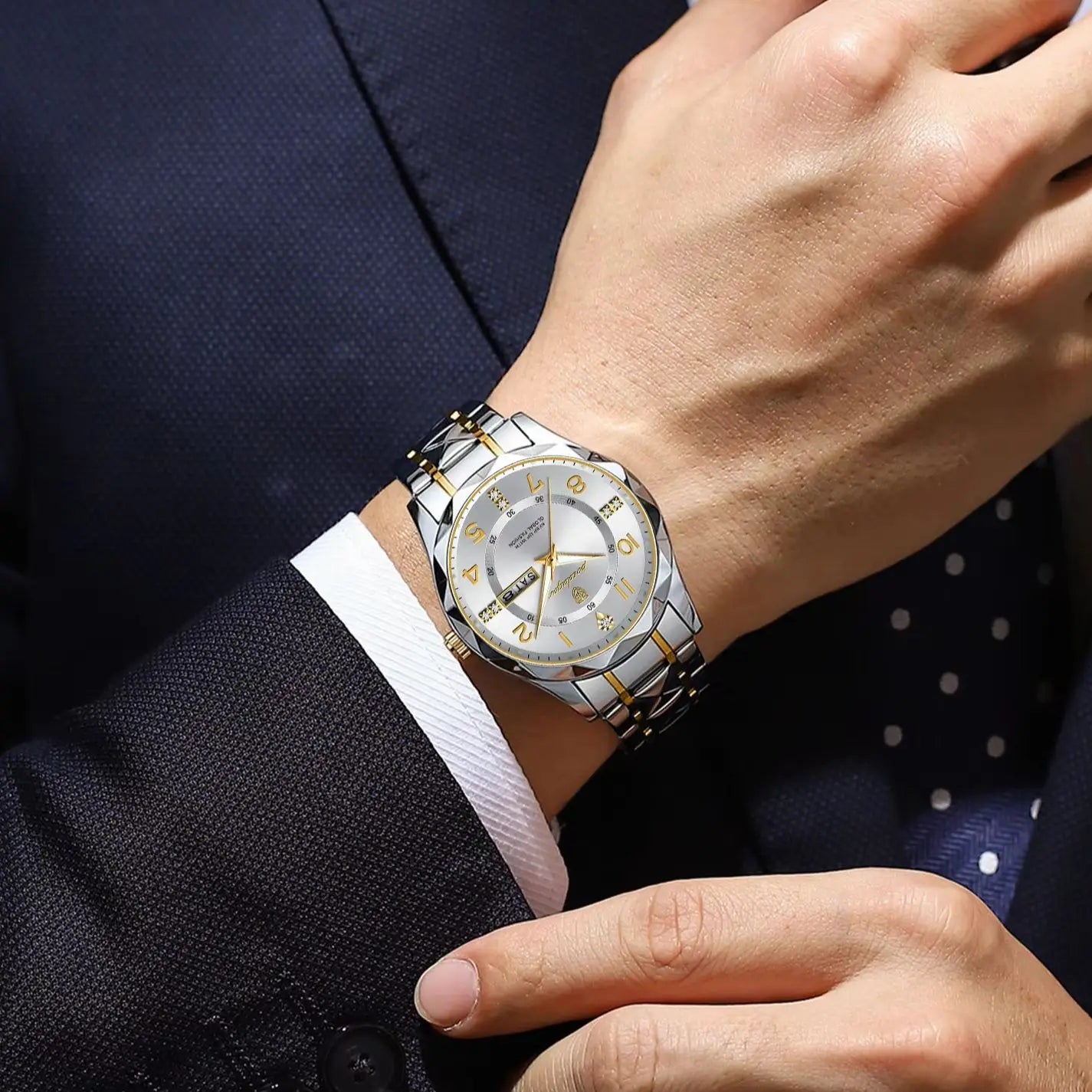 POEDAGAR Exquisite Luxury Men Quartz Wristwatch Stainless Steel Date Week Business Man Watch Waterproof Luminous Watches For Men