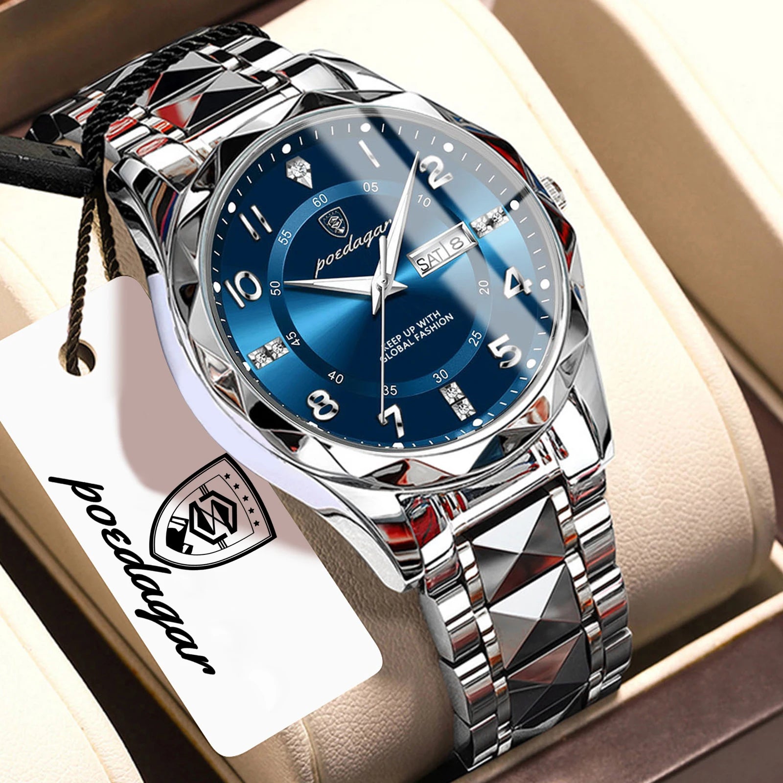 POEDAGAR Exquisite Luxury Men Quartz Wristwatch Stainless Steel Date Week Business Man Watch Waterproof Luminous Watches For Men