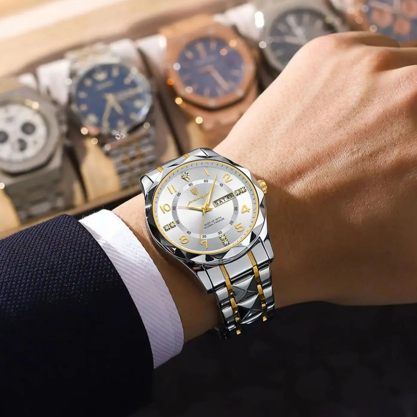 POEDAGAR Exquisite Luxury Men Quartz Wristwatch Stainless Steel Date Week Business Man Watch Waterproof Luminous Watches For Men