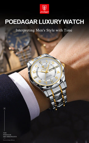 POEDAGAR Exquisite Luxury Men Quartz Wristwatch Stainless Steel Date Week Business Man Watch Waterproof Luminous Watches For Men
