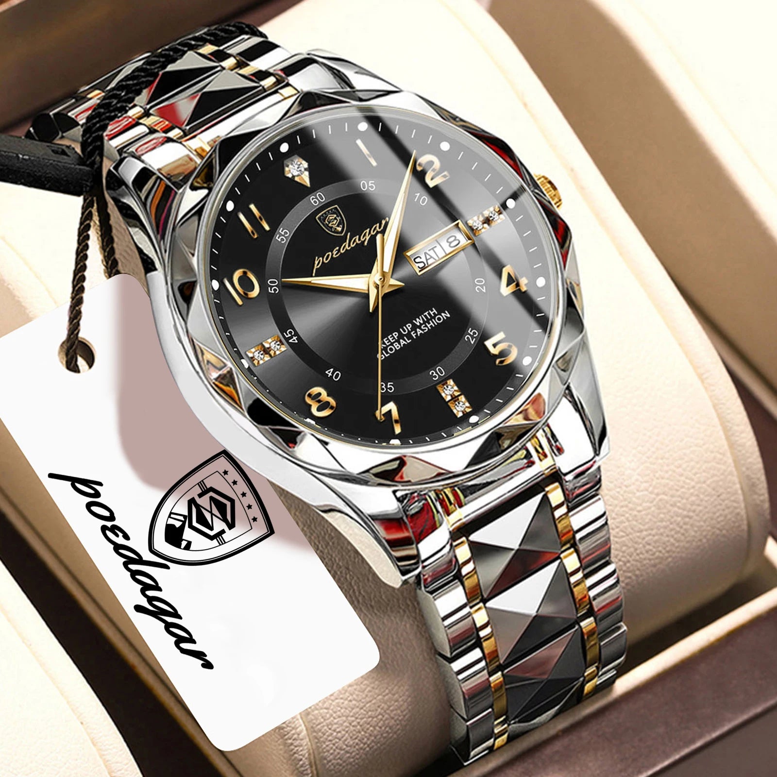 POEDAGAR Exquisite Luxury Men Quartz Wristwatch Stainless Steel Date Week Business Man Watch Waterproof Luminous Watches For Men