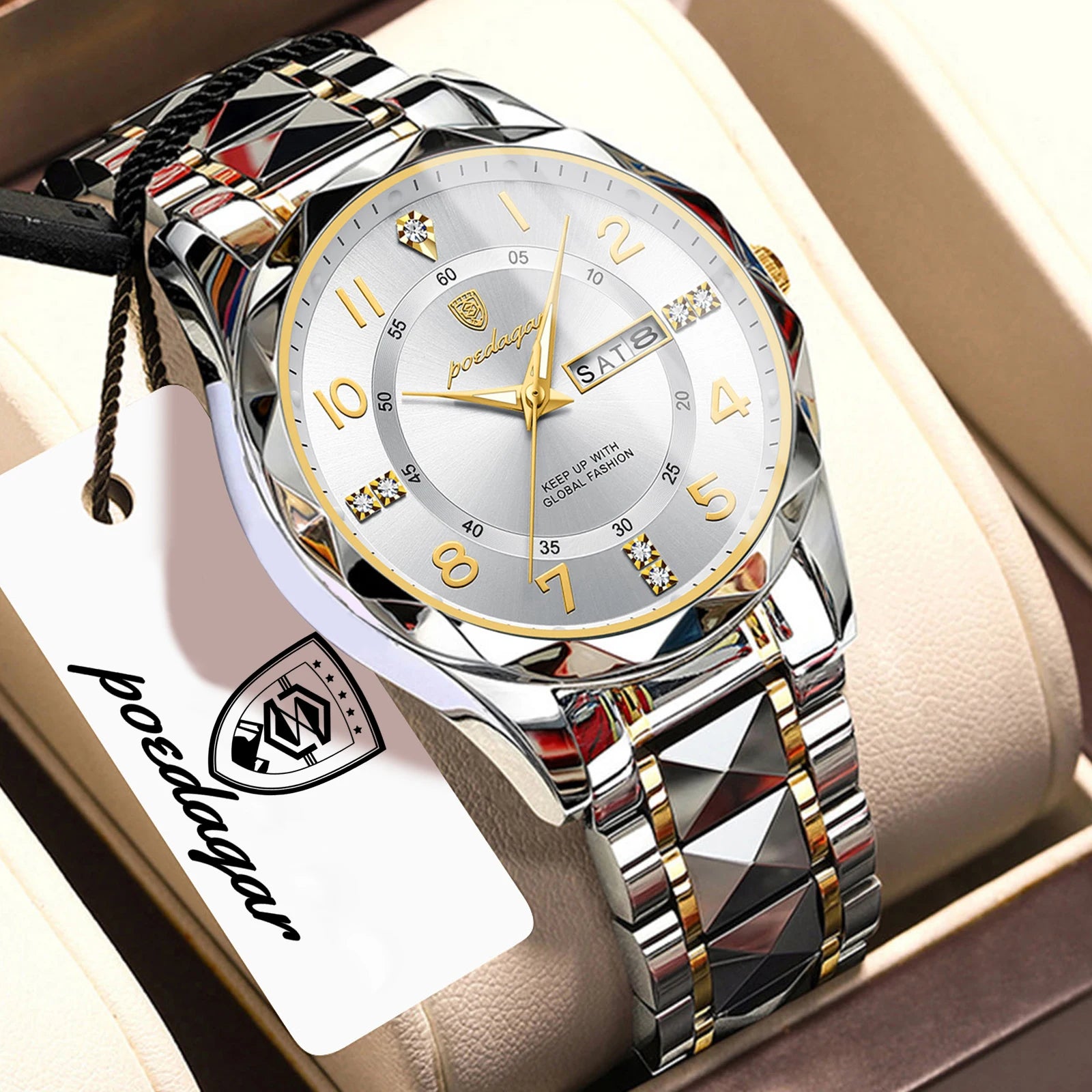 POEDAGAR Exquisite Luxury Men Quartz Wristwatch Stainless Steel Date Week Business Man Watch Waterproof Luminous Watches For Men