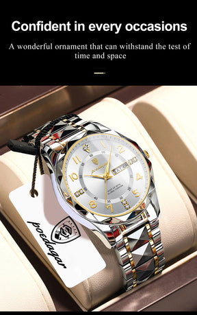 POEDAGAR Exquisite Luxury Men Quartz Wristwatch Stainless Steel Date Week Business Man Watch Waterproof Luminous Watches For Men