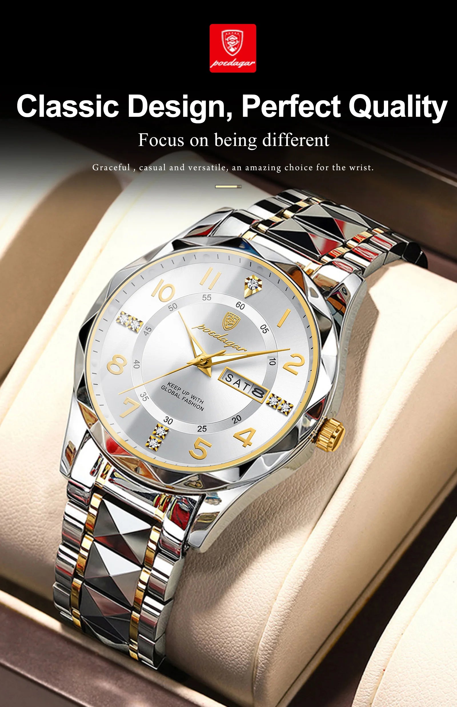 POEDAGAR Exquisite Luxury Men Quartz Wristwatch Stainless Steel Date Week Business Man Watch Waterproof Luminous Watches For Men