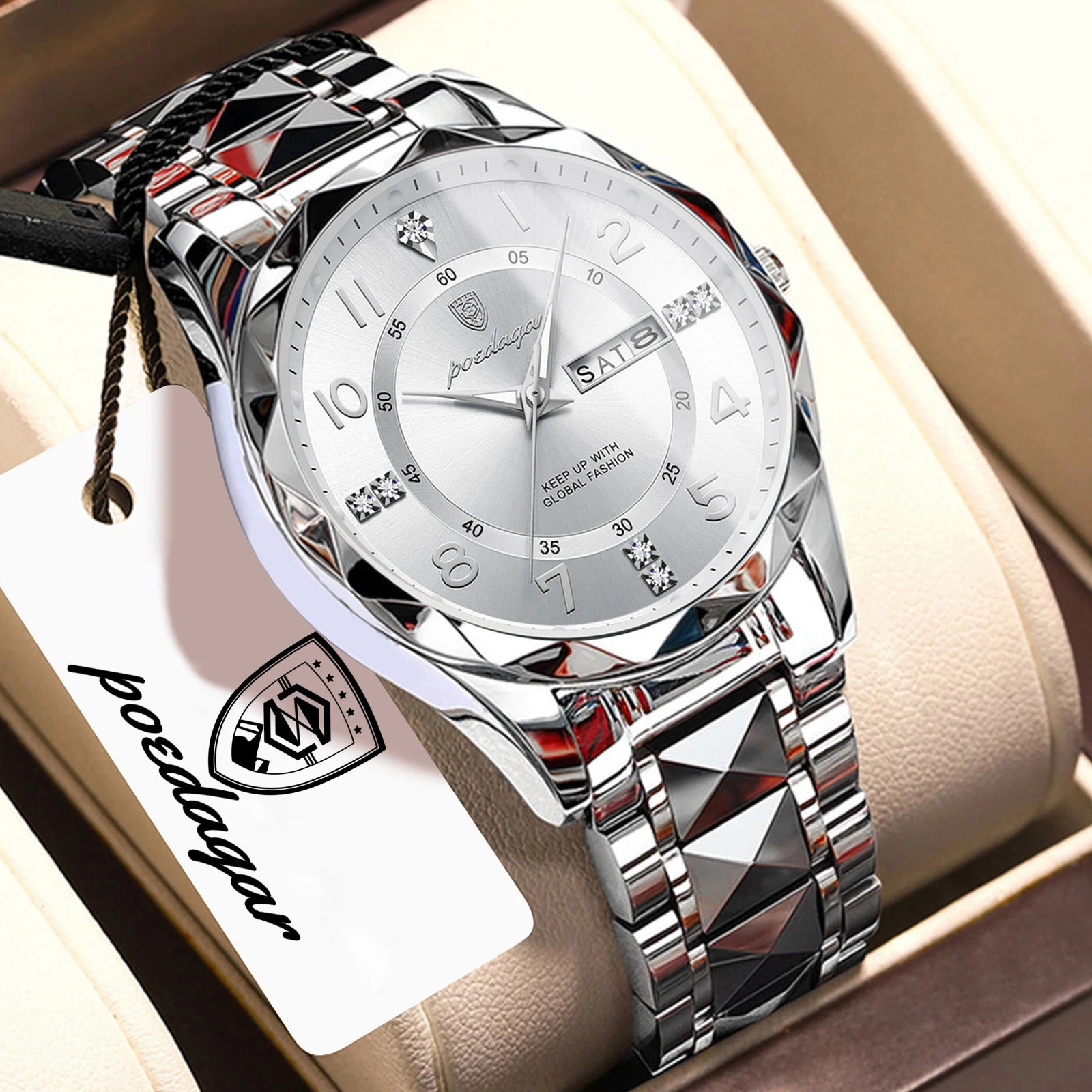 POEDAGAR Exquisite Luxury Men Quartz Wristwatch Stainless Steel Date Week Business Man Watch Waterproof Luminous Watches For Men