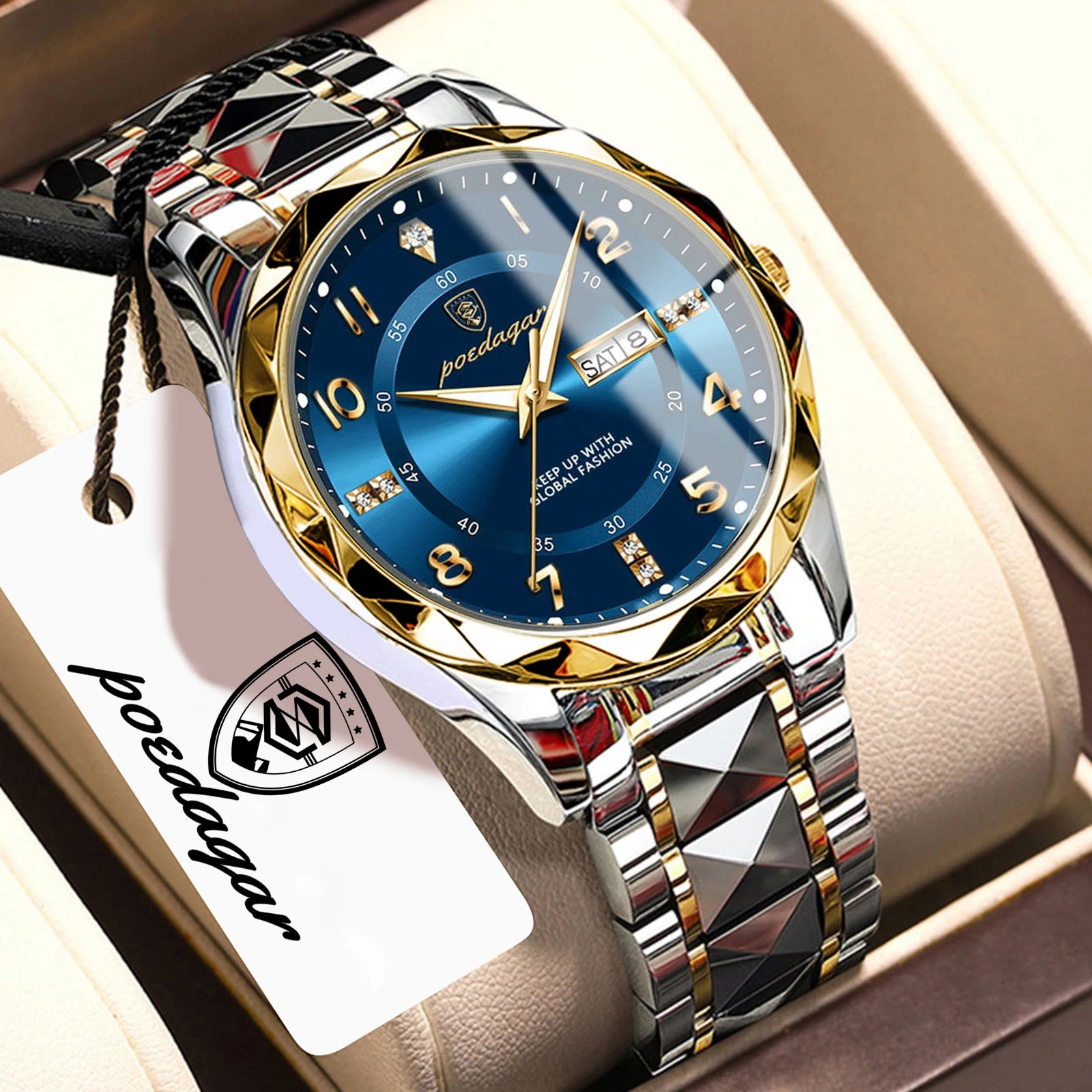 POEDAGAR Exquisite Luxury Men Quartz Wristwatch Stainless Steel Date Week Business Man Watch Waterproof Luminous Watches For Men