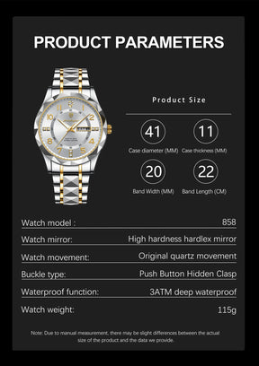 POEDAGAR Exquisite Luxury Men Quartz Wristwatch Stainless Steel Date Week Business Man Watch Waterproof Luminous Watches For Men