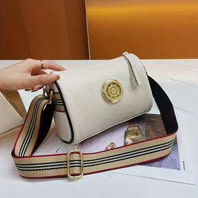 Genuine Leather Crossbody Bags, Ladies' Fashionable Shoulder Bag with Wide Shoulder Strap Metal Sheet Design for Commuting Party